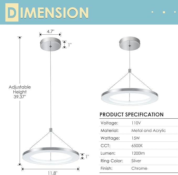 CHYING LED Pendant Lights Kitchen Island, 11.8" 15W Cool White Modern Ring Chandelier, Adjustable Height Silver Hanging Pendant Ceiling Light for Dining Room Bedroom Hallway Entryway, 6500K