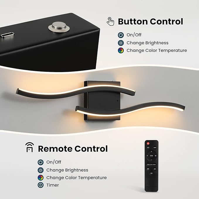 WOSHITU Black Battery Operated Wall Sconces: 23.6 Inch Rechargeable Sconce Wall Lighting Set of Two with Remote & 3CCT Dimmable, Modern Cordless Wall Light for Bedroom Living Room Hallway Bathroom