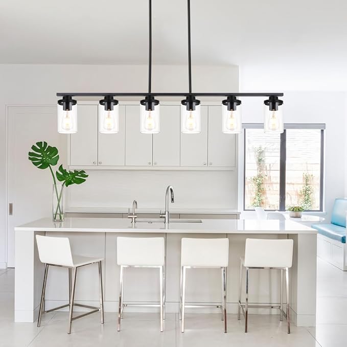 Farmhouse Dining Room Light Fixture 6 Lights Chandeliers for Dining Room Black Pendant Lighting with Clear Glass Shade for Dining Room, Foyer, Restaurant, Bar, E26 Base