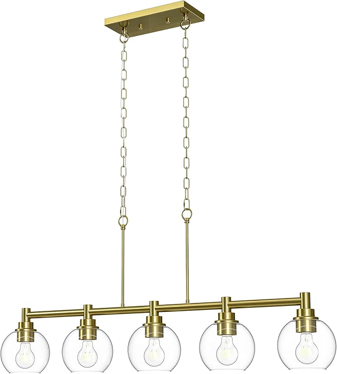 VONLUCE Dining Room Light Fixture Over Table, 5-Light Kitchen Island Lighting with Round Glass Shades & Adjustable Hanging Heights, Linear Chandlier for Dining Room Kitchen, Gold, ETL Certificated
