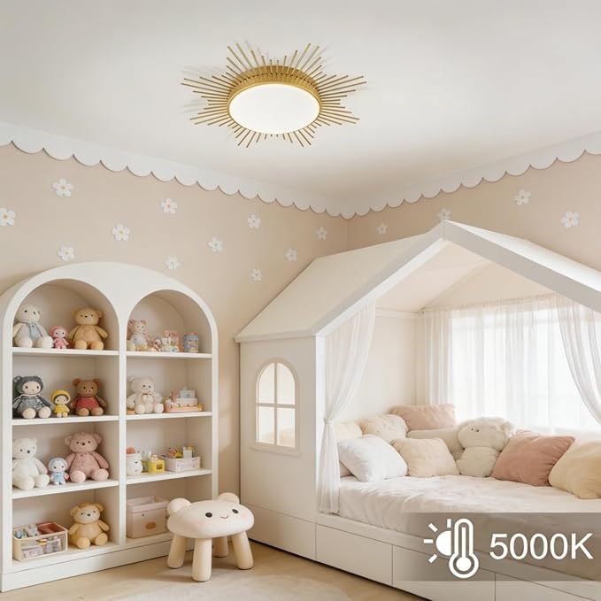 D23.6 In. LED Dimmable Ceiling Lights Flush Mount, Kids Ceiling Light Fixture, Nursery Light Fixture Brass Firework Flower Ceiling Light for Kids Room Bedroom Nursery Ceiling Light 5CCT 2700K-5000K