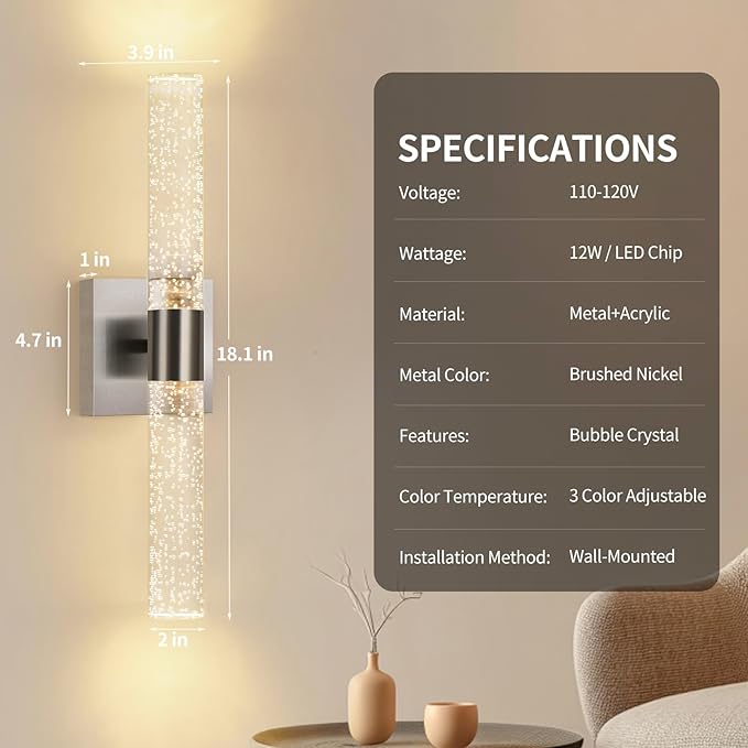 Modern Wall Sconces Set of Two in Brushed Nickel Finish 18 Inch 3000K-6000K Led Bathroom Sconce Lights Indoor Hardwired Wall Lamp for Bedroom Living Room Hallway, 12W