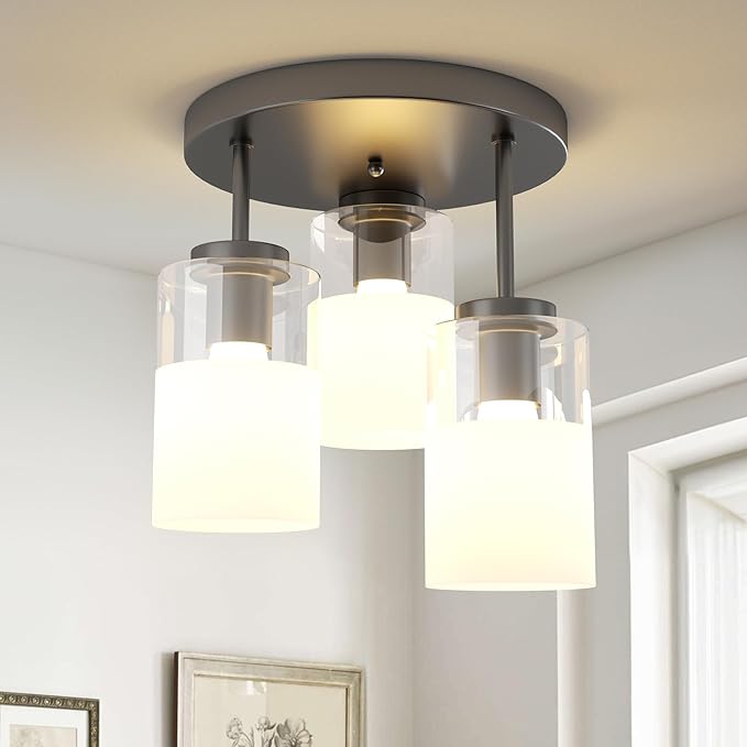 Maxax 3-Lights Black Semi Flush Mount Ceiling Light Fixture, 11.5" Modern Farmhouse Light Fixture with Clear Frosted Glass, E26 Base, for Kitchen, Foyer, Hallway, Entryway, Bedroom, Stairs