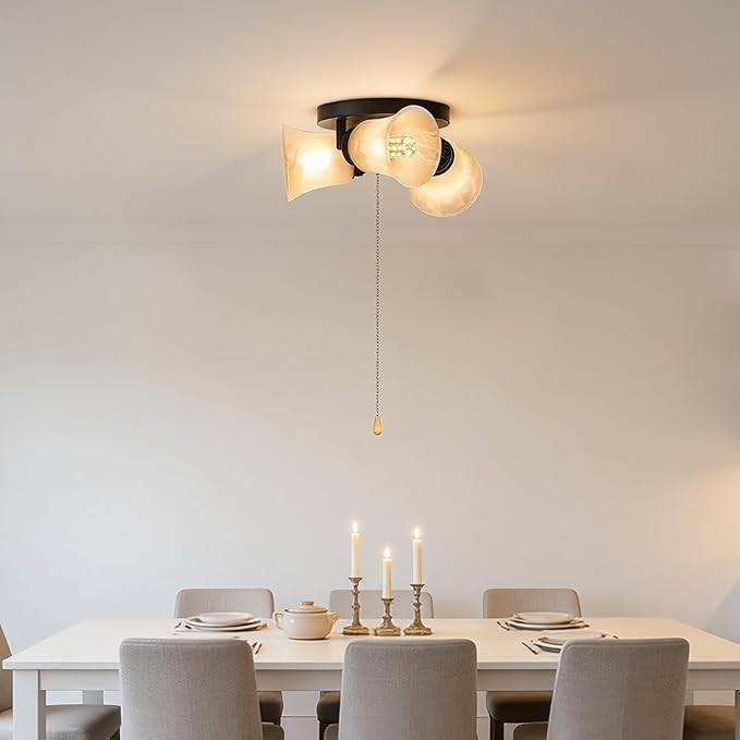 3-Light Flush Mount Ceiling Light with Pull Chain Alabaster Glass Low Profile Lighting Fixtures for Kitchen Living Room Dining Room Closet, Black