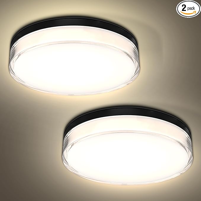 LUXRITE Slim 7 Inch LED Outdoor Flush Mount Light, 15W, 1000LM, 5CCT 2700K 3000K 3500K 4000K 5000K, Dimmable LED Ceiling Light, IP65 Waterproof, ETL Listed - Black (2 Pack)
