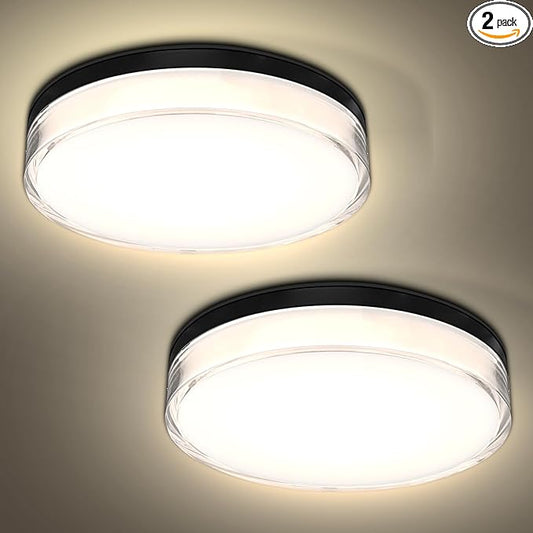 LUXRITE Slim 7 Inch LED Outdoor Flush Mount Light, 15W, 1000LM, 5CCT 2700K 3000K 3500K 4000K 5000K, Dimmable LED Ceiling Light, IP65 Waterproof, ETL Listed - Black (2 Pack)