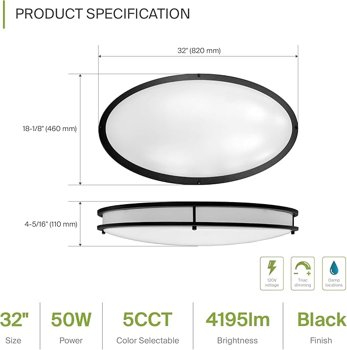 ASD LED 32" Oval Flush Mount Lighting, Close to Ceiling Light Fixture | 5CCT, Dimmable, ETL Listed | 50W 4195LM 2700-5000K 120V | Low Profile Double Ring Lamp | Black