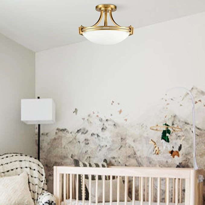 SAMTEEN Modern Brass Semi Flush Mount Ceiling Light 3-Light Mid Century Gold Flush Mount Light Milk Glass Ceiling Light Fixtures for Hallway Bedroom Foyer Kitchen