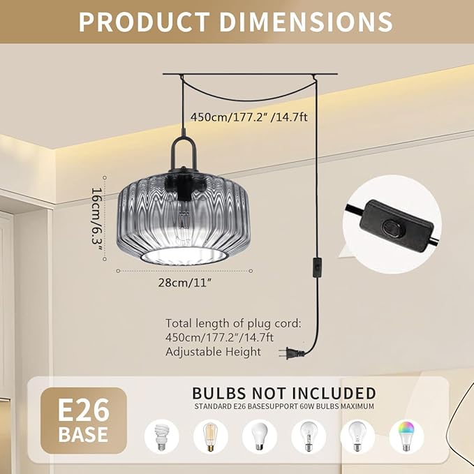 Plug in Hanging Light Gray Glass Pendant Light Fixtures with in Cord Mid Century Modern Chandelier Striped Glass Shade Farmhouse Plug in Hanging Lamp for Living Room Entryway Pantry