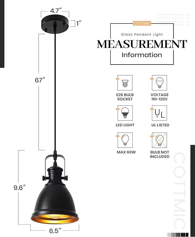 Black Pendant Lights Kitchen Island 3 Pack, Vintage Pendant Light, 6.5’’ Farmhouse Pendant Light Fixtures, Adjustable Height, Pendant Lighting for Dining Room, Living Room, Sink, Bar
