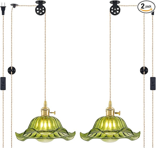 Plug in Pendant Light Vintage 2 Pack, Adjustable Pulley Hanging Lamp with Green Lily Glass Shade, Brass Hanging Lights with Plug in Cord for Kitchen, Compatible with Indoor Plant Grow Light Bulbs