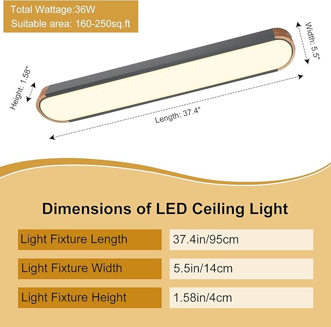 EDISLIVE Dimmable LED Ceiling Light with Remote Control 37.4 in 3000K-6000K Minimalist Modern Wood Flush Mount Ceiling Light Low Profile Light Fixture Grey
