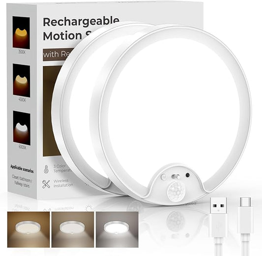 Fizrice Motion Sensor Flush Mount Ceiling Light 2 Pack, 8000mAh 500LM Battery Operated Wireless LED Fixture with Remote Control & Stepless Dimming for Closet Shower Stairs Shed Hallway