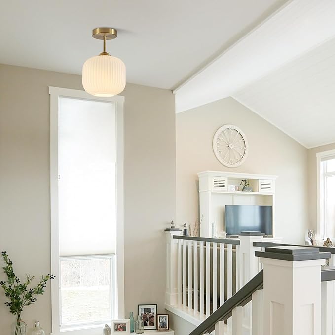 Milk Glass Flush Mount Ceiling Light Small Mid Century Modern Kitchen Lighting Fixtures Vintage Brushed Gold Semi Flush Mount Ceiling Light for Bedroom Hallway (2 Pack)