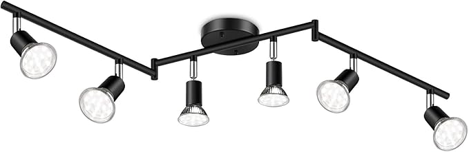 Ascher 6-Light LED Track Lighting Kit, Flexibly Rotatable Light Heads, 6 Way Ceiling Spotlight Black Finish, Including 6 GU10 LED Bulbs (4W 400LM Daylight White 5000K)