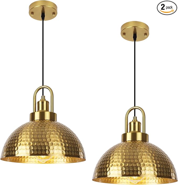 Gold Pendant Light Fixtures, 11.8" Hammered Pendant Light with Gold Holder, Adjustable Pendant Lights for Kitchen Island, Dinning Room, Living Room, Cafe Bar, 2 Pack