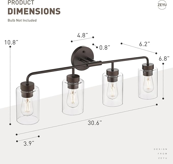 zeyu Oil Rubbed Bronze Bathroom Vanity Light, 4-Lights Bathroom Light Fixtures Over Mirror with Clear Glass Shade, 30.6 Inch Wall Sconce Lighting Bath, ZS62B-4W ORB