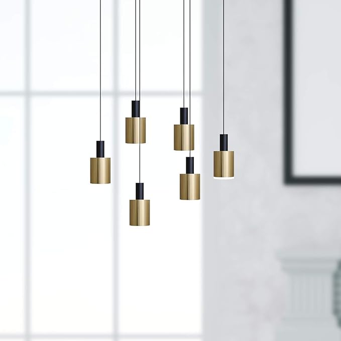 Virgo 6 Mini Pendant Lighting Black-Brass - LED Hanging Light Fixture for Kitchen Island, Bar, Foyer - Cluster Pendants - Dimmable, Adjustable Wire, Lamp Bulb Included