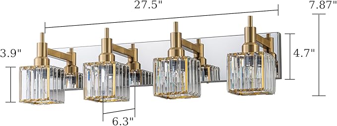 Crystal Bathroom Light Gold Chrome 4-Light Modern Bathroom Vanity Fixtures Over Mirror Square Crystal Wall Sconce