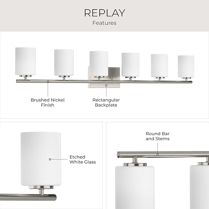 Progress Lighting Replay Collection 48 in. 6-Light Brushed Nickel Etched White Glass Modern Bath Vanity Light