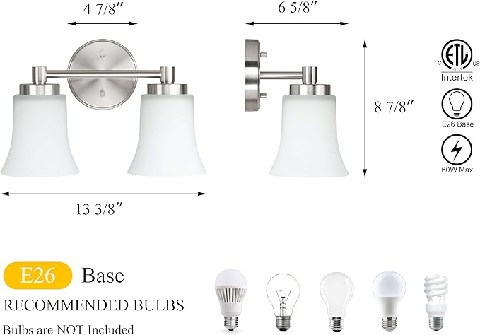 XiNBEi Lighting Bathroom Vanity Light, Modern Wall Light with Glass, Brushed Nickel 2 Light Bath Bar Light XB-W1235-2-BN
