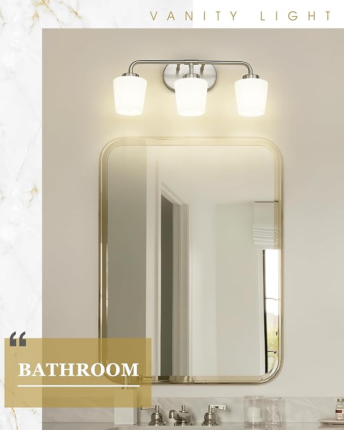 Bathroom Light Fixtures Over Mirror, 3-Light Brushed Nickel Vanity Lighting Fixtures with Milk White Glass, Vintage Farmhouse Wall Sconces Lighting, AD-22004-3W-SN