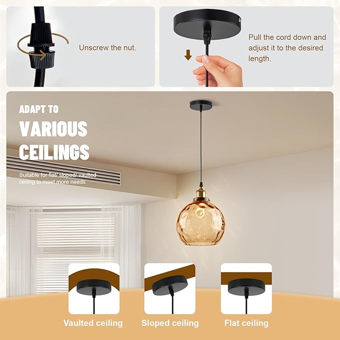 Amber Pendant Light Fixture, 7.8" Hammered Glass Globe Pendant Light with Brass Gold Cap, Adjustable Height 1-Light Vintage Hanging Light for Kitchen Island Dining Room Bedroom