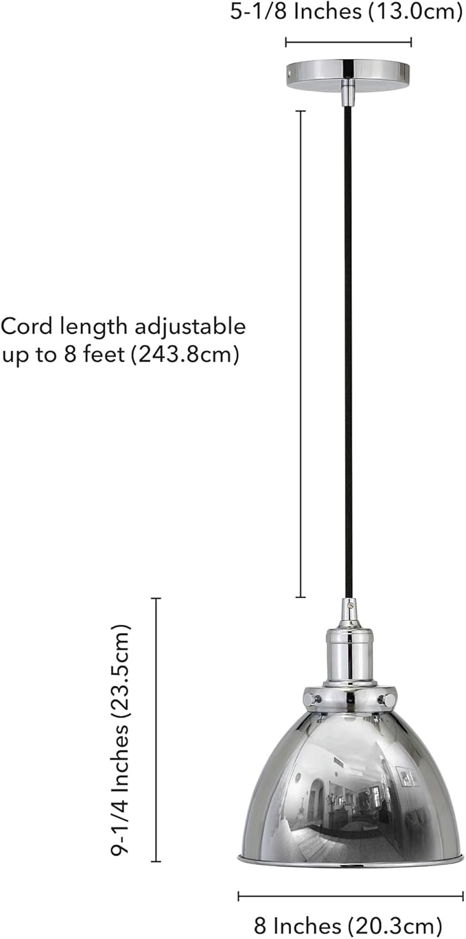 Henn&Hart 8'' Industrial Dimmable Pendant Light Fixture with Polished Silver Metal Dome Shade and 8' Adjustable Cord for Kitchen Island, Dining Room or Game Room, Polished Silver