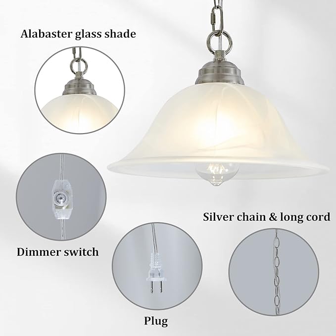 Plug in Pendant Light Alabaster Glass Shade 15.7" D Hanging Lamp with On/Off Switch,16.4Ft Cord & 14.7Ft Chain Dimmable Brushed Nickel Swag Light Fixture for Kitchen Sink Bar Nook