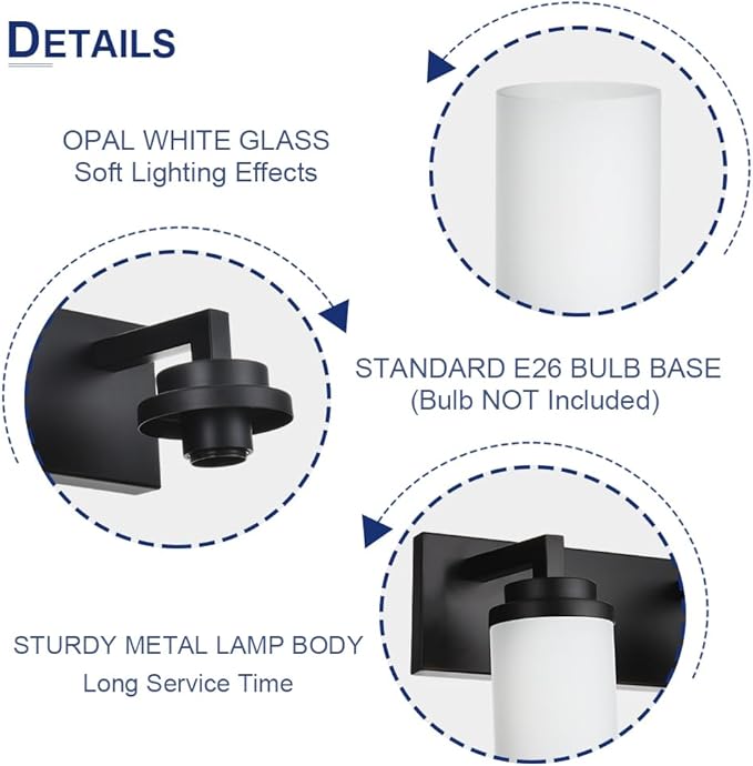 TODOLUZ 4-Lights Bathroom Light Fixtures in Matte Black, Modern Opal White Glass Vanity Light E26 Bulb Base, Wall Mount Lighting for Bedroom Bath Living Room
