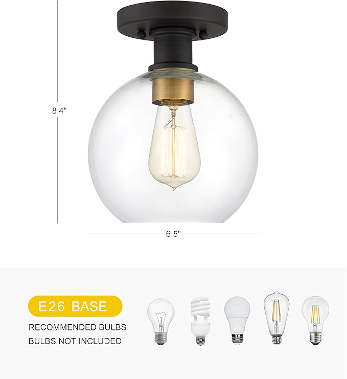 Tawson Dan Modern Farmhouse 1-Light Flush Mount Ceiling Light Clear Glass Globe Black Gold Finish for Hallway, Entryway, Passway, Bedroom, Garage, Kitchen, Balcony