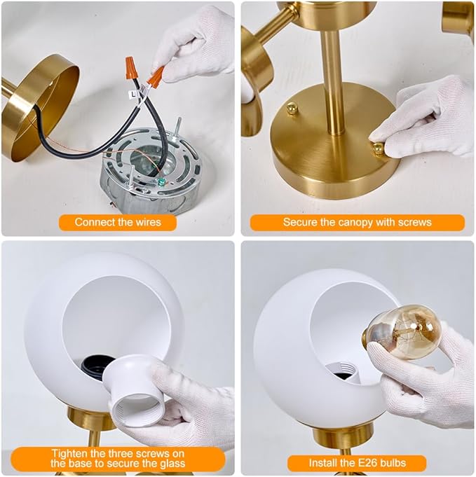 Gold Sputnik Semi Flush Mount Ceiling Light 3 Light Frosted Globe Glass Chandeliers Mid Century Close to Ceiling Light Fixture for Bedroom Living Room Entryway Hallway