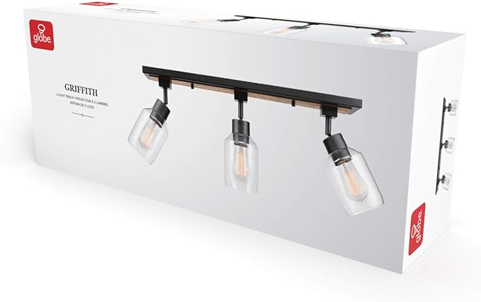 Globe Electric 59798 3-Light Track Lighting, Wood Toned and Matte Black Finish, 25 inch, Clear Glass Shades, Adjustable Heads, E26 Base, Dimmable, Rustic Modern Style