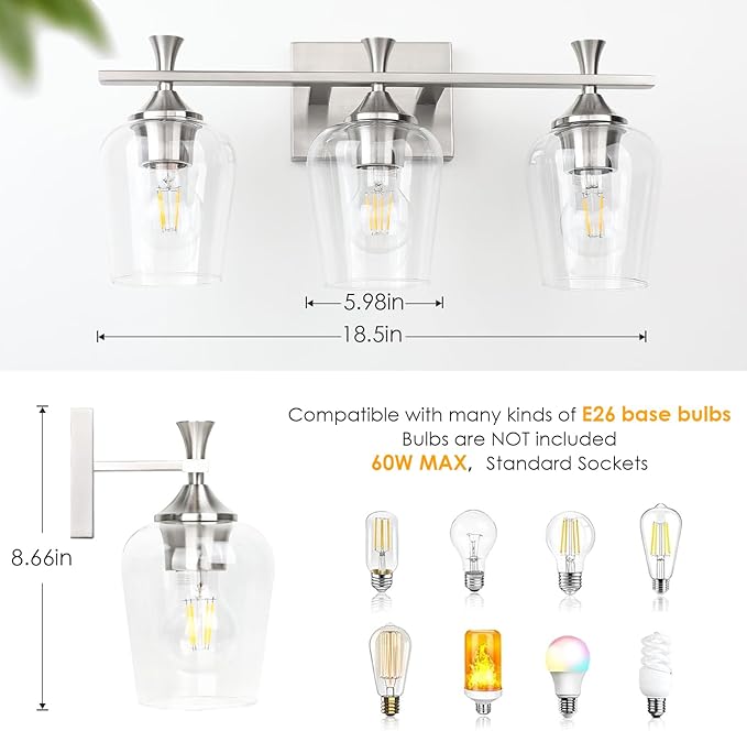 3 Light Bathroom Vanity Light - Silver Bathroom Lighting Fixtures Over Mirror, Modern Wall Sconces with Transparent Glass Lampshade for Bedroom Living Room Kitchen Cabinet Stair Hallway