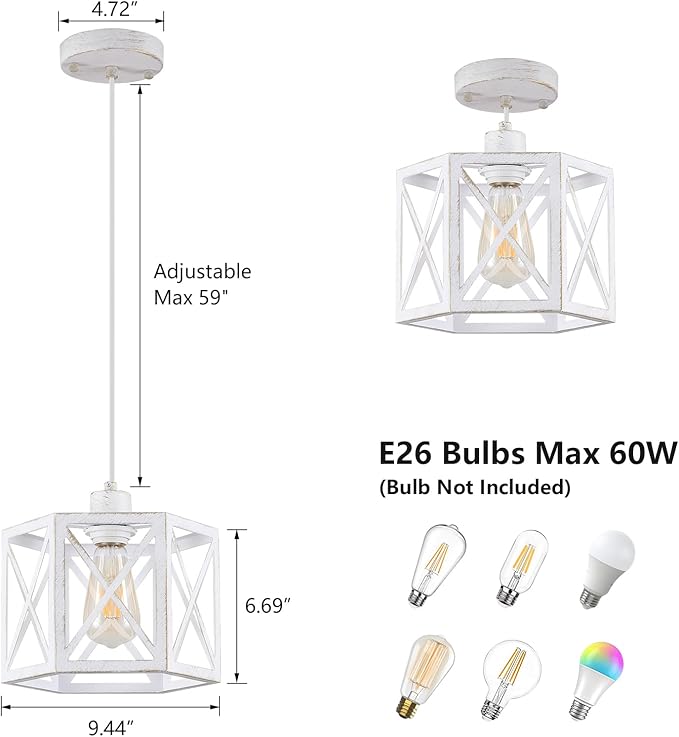 XSDeTu 2 Pack Pendant Lights for Kitchen Island, Modern Pendant Lighting with White Hexagonal Cage, Vintage Metal Ceiling Lights, Adjustable Lantern Hanging Light Fixture for Foyer Entryway Bedroom