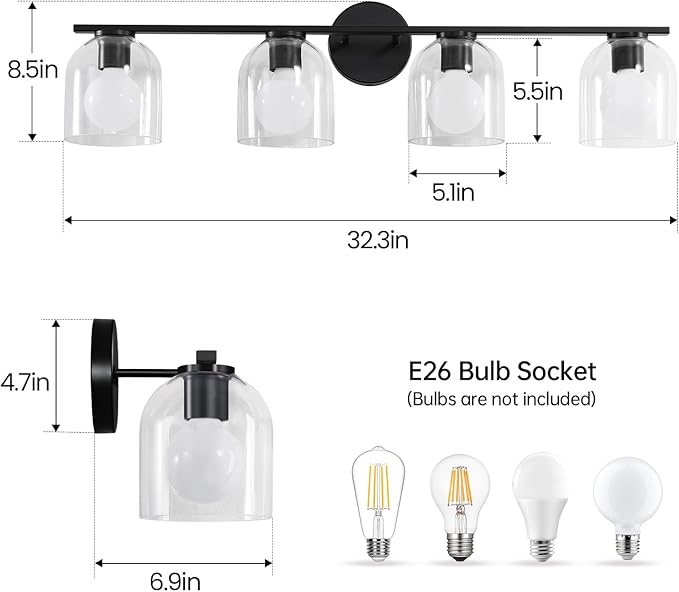 WOSHITU Bathroom Vanity Light Fixtures: 32.3 Inch Modern Matte Black Bathroom Lighting Fixtures Over Mirror with Clear Glass Shade 4 Light Vanity Lighting Fixtures Farmhouse Vanity Lights