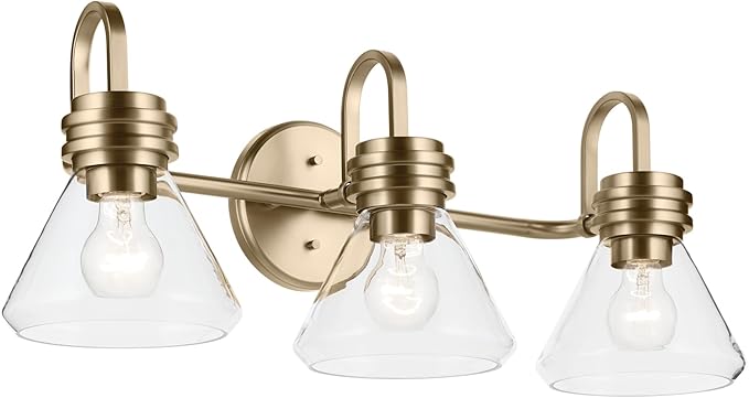 Kichler Farum 26" 3-Light Bathroom Vanity Light Fixture with Clear Glass in Champagne Bronze for Over Mirror, Modern Wall Mount Lighting (26" W x 9.5" H), 55155CPZCLR