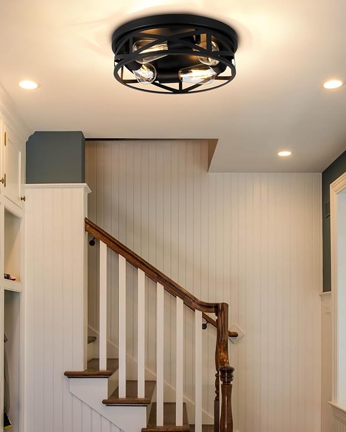 13 Inch Farmhouse Ceiling Light Fixtures, Metal Cage Close to Ceiling Lights 4-Light, Vintage Flush Mount Ceiling Lights for Bedroom Porch Kitchen Entrance, Black