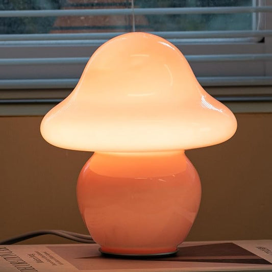 HEQET Mushroom Lamp Pink Glass Mushroom Table Lamp for Bedrooms, Living Room, Aesthetic Lamps for Bedroom, Cute Bedside Lamp