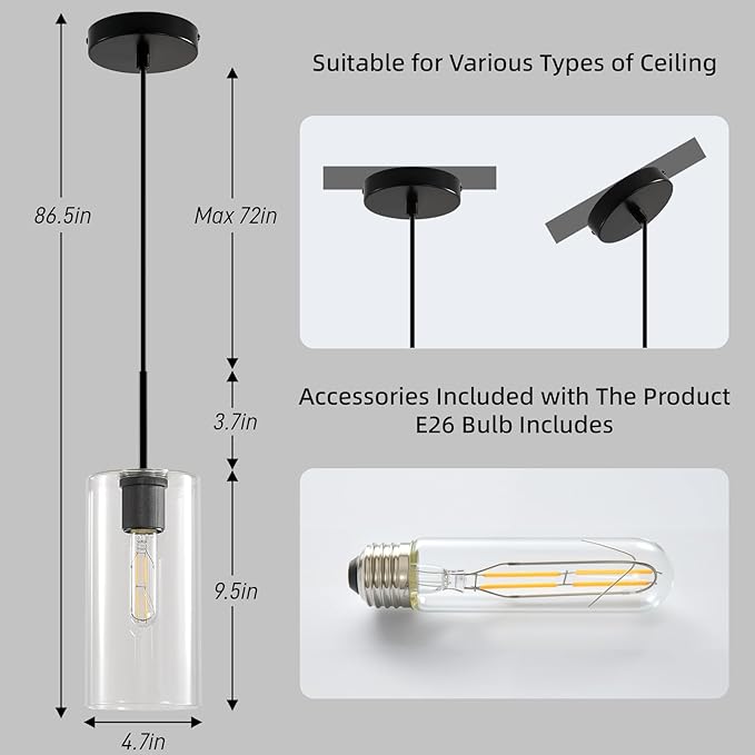 Matte Black Glass Pendant Light: Seeded Clear Glass Pendant Light over Kitchen Island set of 2 - Minimalist Hanging Lights with Short Tube - Height Adjustable Pendants Lighting Fixture for Dining Room