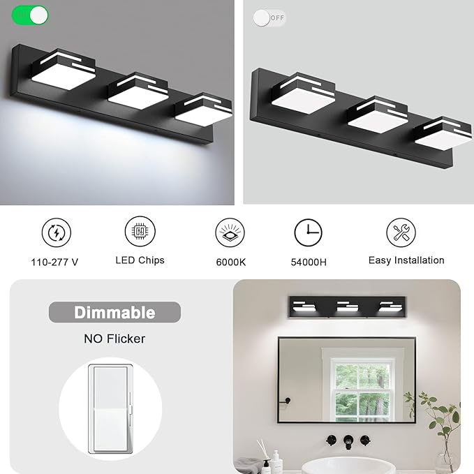 LED Modern Bathroom Vanity Light Fixtures, 3-Light 22-inch Dimmable Matte Black Vanity Lights for Bathroom Lighting Fixtures Over Mirror, with 360° Rotatable Acrylic Heads (Cool White 6000K)