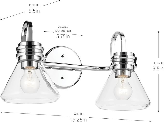Kichler Farum 19.25" 2-Light Bathroom Vanity Light Fixture with Clear Glass in Chrome for Mirror, Modern Wall Mount Lighting Over Vanity (19.25" W x 9.5" H), 55154CHCLR