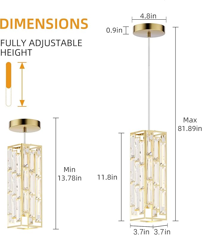 Brass Pendant Lights Modern Pendant Light Fixture, Mini Crystal Pendant Ceiling Light, Pendant Light for Kitchen Island, Dinning Room, Bedroom, Kitchen Sink Lighting (3-Pack)