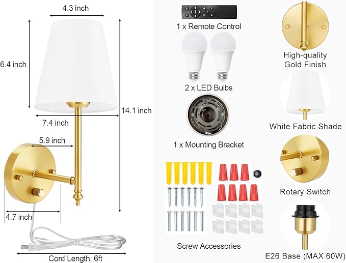 Wall Sconces Set of Two with Remote Control, Dimmable, Adjustable Colors 2700-6500K, Plug in Wall Sconces with White Fabric Shades, Plug in Wall Light, Gold