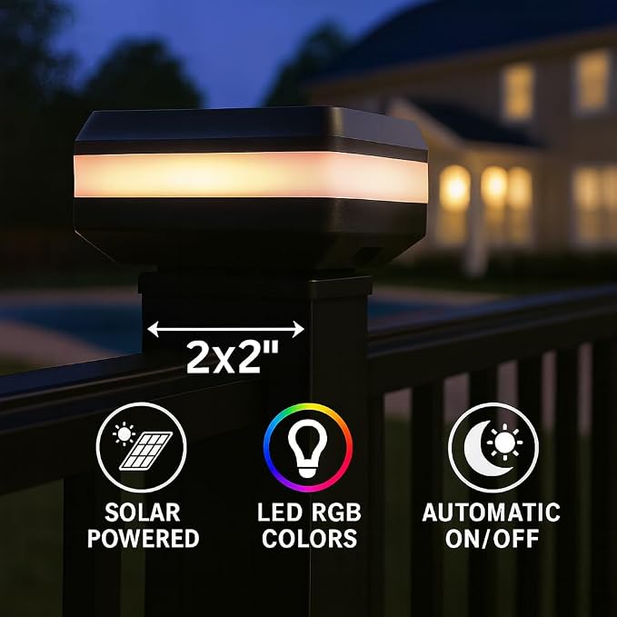 4 Pack Solar Post Cap Lights for 2x2 Inch Aluminum, Wrought Iron, and Garden/Pool Fences, Warm White, Cool White, and Selectable RGB Colors with Built-in Color-Changing Holiday/Party Mode