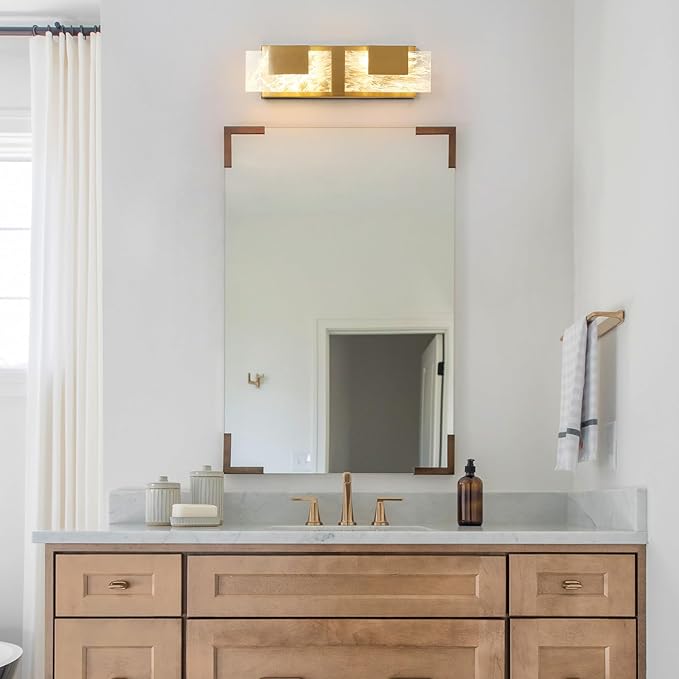LED Bathroom Vanity Light: 16 inch Brushed Gold Acrylic Modern Lighting Fixtures - 2 Lights Contemporary Smoke Design Wall Lights Fixture Over Mirror 3000K