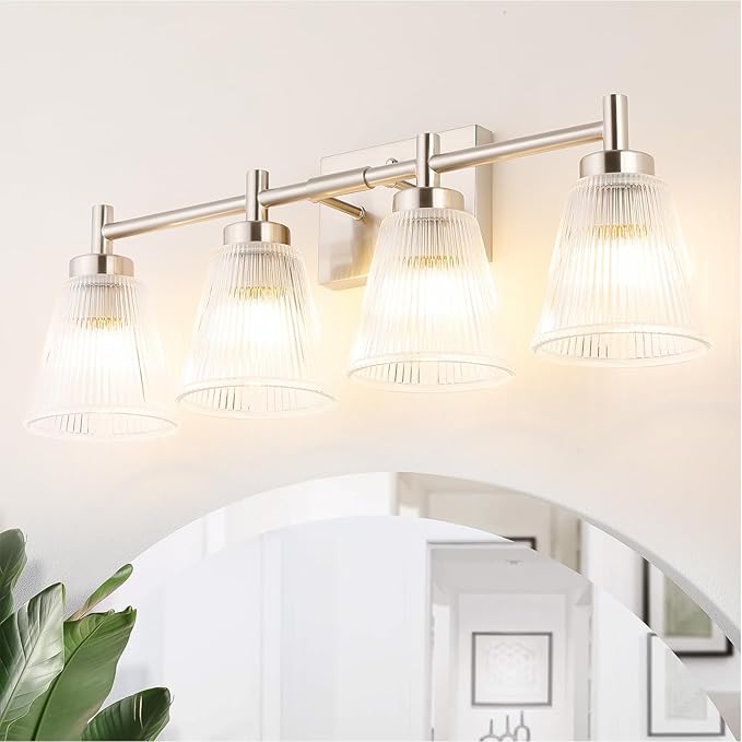 OCIOC 4-Light Vanity light fixtures, Brushed Nickel Vanity lights over mirror makeup light wall sconces with clear Striped glass shade, Bathroom lighting fixtures for Living room, Bedroom, Kitchen