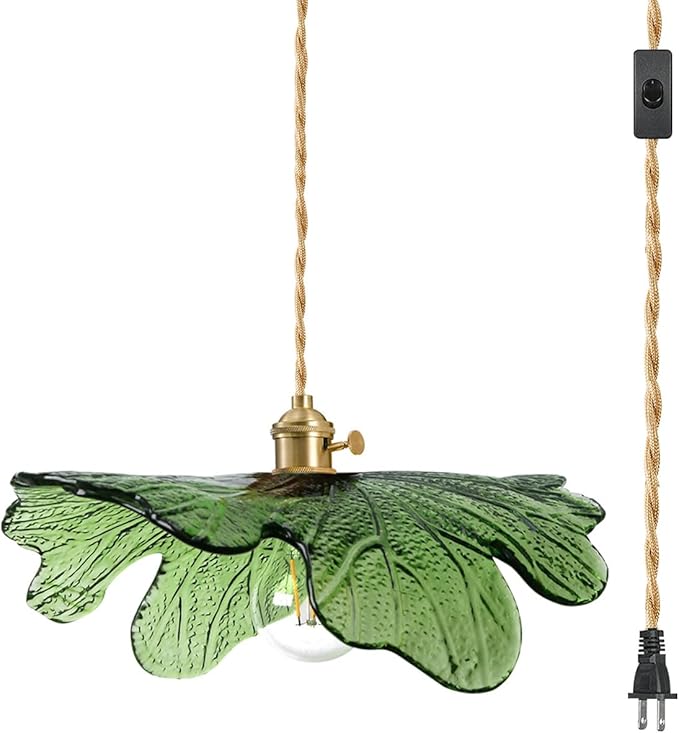 15.7" Large Green Glass Plug in Chandelier 1-Light Floral Ceiling Hanging Light Gold Adjustable Pendant Lighting for Living Room Dining Table, Flower Petal Pendant Fixtures