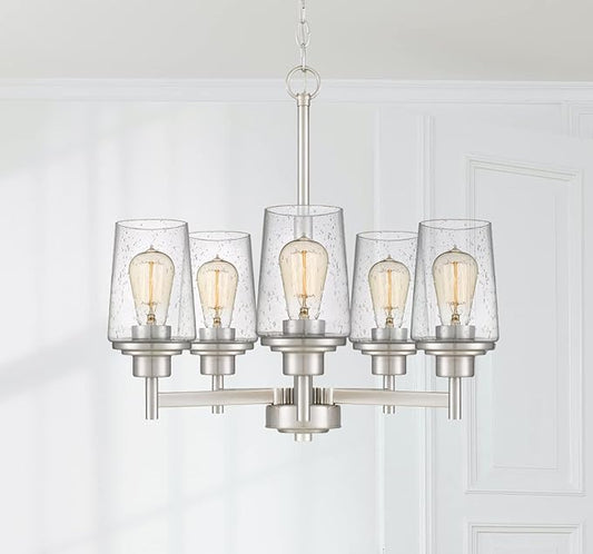 Jacob Modern 5-Light Chandelier Pendant Ceiling Light Brushed Nickle Seeded Glass Shade Adjustable Height for Hallway, Entryway, Passway, Dining, Bedroom, Kitchen