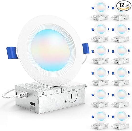Sunco 12 Pack 4 Inch Recessed Lights, LED Baffle Trim, Selectable CCT 2700K/3000K/4000K/5000K/6000K Dimmable 10W, Canless with Junction Box